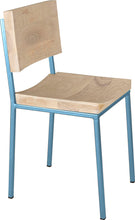 Load image into Gallery viewer, Duck-egg blue metal chair with whitewash stain ash wood made in UK - angle view square frame