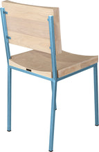 Load image into Gallery viewer, Duck-egg blue metal chair with whitewash stain ash wood made in UK - back side view square frame