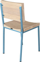 Load image into Gallery viewer, Duck-egg blue metal chair with whitewash stain ash wood made in UK - back side view square frame