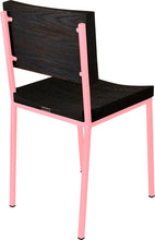 Load image into Gallery viewer, Pink metal chair with black stain ash wood made in UK - back side view square frame