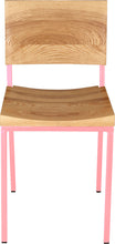 Load image into Gallery viewer, Pink metal chair with natural stain ash wood made in UK - front view square frame