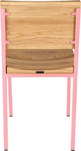 Load image into Gallery viewer, Pink metal chair with natural stain ash wood made in UK - back view square frame