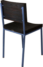 Load image into Gallery viewer, Blue metal chair with black stain ash wood made in UK - back side view square frame