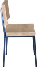 Load image into Gallery viewer, Blue metal chair with whitewash stain ash wood made in UK - side view square frame