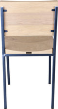 Load image into Gallery viewer, Blue metal chair with whitewash stain ash wood made in UK - back view square frame