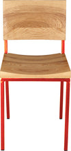 Load image into Gallery viewer, Red metal chair with natural stain ash wood made in UK - front view square frame