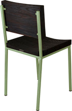 Load image into Gallery viewer, Sage green metal chair with black stain ash wood made in UK - back side view square frame