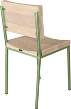 Load image into Gallery viewer, Sage green metal chair with whitewash stain ash wood made in UK - back side view square frame