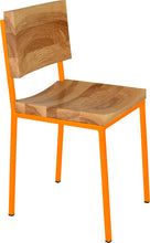 Load image into Gallery viewer, Orange metal chair with natural stain ash wood made in UK - angle view square frame