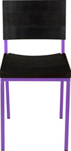 Load image into Gallery viewer, Purple metal chair with black stain ash wood made in UK - front view square frame