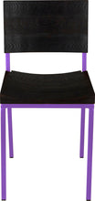 Load image into Gallery viewer, Purple metal chair with black stain ash wood made in UK - front view square frame