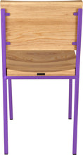 Load image into Gallery viewer, Purple metal chair with natural stain ash wood made in UK - back view square frame