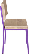 Load image into Gallery viewer, Purple metal chair with whitewash stain ash wood made in UK - side view square frame