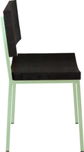 Load image into Gallery viewer, Mint green metal chair with black stain ash wood made in UK - side view square frame