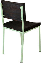 Load image into Gallery viewer, Mint green metal chair with black stain ash wood made in UK - back side view square frame