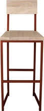 Load image into Gallery viewer, Copper metal stool with back with whitewash stain ash wood made in UK - front view square frame