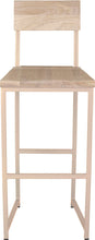 Load image into Gallery viewer, Off white metal stool with back with whitewash stain ash wood made in UK - front view square frame