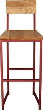Load image into Gallery viewer, Crimson red metal stool with back with natural stain ash wood made in UK - front view square frame