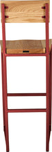 Load image into Gallery viewer, Crimson red metal stool with back with natural stain ash wood made in UK - back view square frame