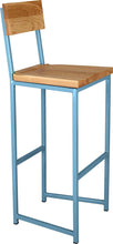 Load image into Gallery viewer, Duck-egg blue metal stool with back with natural stain ash wood made in UK - angle view square frame