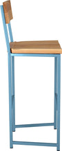 Load image into Gallery viewer, Duck-egg blue metal stool with back with natural stain ash wood made in UK - side view square frame