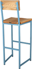 Load image into Gallery viewer, Duck-egg blue metal stool with back with natural stain ash wood made in UK - back side view square frame