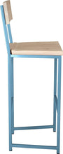 Load image into Gallery viewer, Duck-egg blue metal stool with back with whitewash stain ash wood made in UK - side view square frame