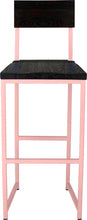 Load image into Gallery viewer, Pink metal stool with back with black stain ash wood made in UK - front view square frame