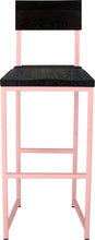 Load image into Gallery viewer, Pink metal stool with back with black stain ash wood made in UK - front view square frame