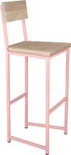 Load image into Gallery viewer, Pink metal stool with back with whitewash stain ash wood made in UK - angle view square frame
