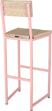 Load image into Gallery viewer, Pink metal stool with back with whitewash stain ash wood made in UK - back side view square frame