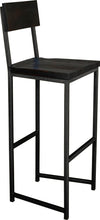 Load image into Gallery viewer, Gloss black metal stool with back with black stain ash wood made in UK - angle view square frame