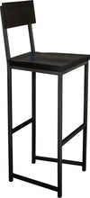 Load image into Gallery viewer, Gloss black metal stool with back with black stain ash wood made in UK - angle view square frame