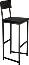 Load image into Gallery viewer, Gloss black metal stool with back with black stain ash wood made in UK - angle view square frame
