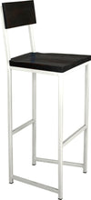 Load image into Gallery viewer, Gloss white metal stool with back with black stain ash wood made in UK - angle view square frame
