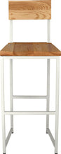 Load image into Gallery viewer, Gloss white metal stool with back with natural stain ash wood made in UK - front view square frame