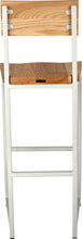 Load image into Gallery viewer, Gloss white metal stool with back with natural stain ash wood made in UK - back view square frame