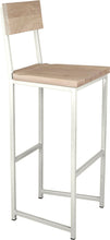 Load image into Gallery viewer, Gloss white metal stool with back with whitewash stain ash wood made in UK - angle view square frame