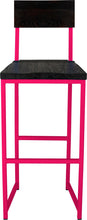Load image into Gallery viewer, Hot pink metal stool with back with black stain ash wood made in UK - front view square frame