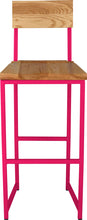 Load image into Gallery viewer, Hot pink metal stool with back with natural stain ash wood made in UK - front view square frame