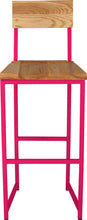 Load image into Gallery viewer, Hot pink metal stool with back with natural stain ash wood made in UK - front view square frame