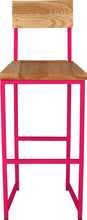 Load image into Gallery viewer, Hot pink metal stool with back with natural stain ash wood made in UK - front view square frame