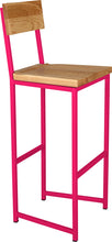 Load image into Gallery viewer, Hot pink metal stool with back with natural stain ash wood made in UK - angle view square frame