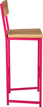 Load image into Gallery viewer, Hot pink metal stool with back with natural stain ash wood made in UK - side view square frame