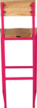 Load image into Gallery viewer, Hot pink metal stool with back with natural stain ash wood made in UK - back view square frame