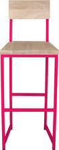 Load image into Gallery viewer, Hot pink metal stool with back with whitewash stain ash wood made in UK - front view square frame