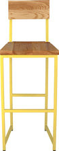 Load image into Gallery viewer, Yellow metal stool with back with natural stain ash wood made in UK - front view square frame