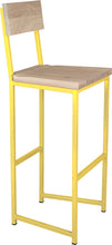 Load image into Gallery viewer, Yellow metal stool with back with whitewash stain ash wood made in UK - angle view square frame