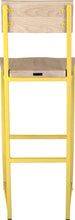 Load image into Gallery viewer, Yellow metal stool with back with whitewash stain ash wood made in UK - back view square frame