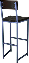 Load image into Gallery viewer, Blue metal stool with back with black stain ash wood made in UK - back side view square frame
